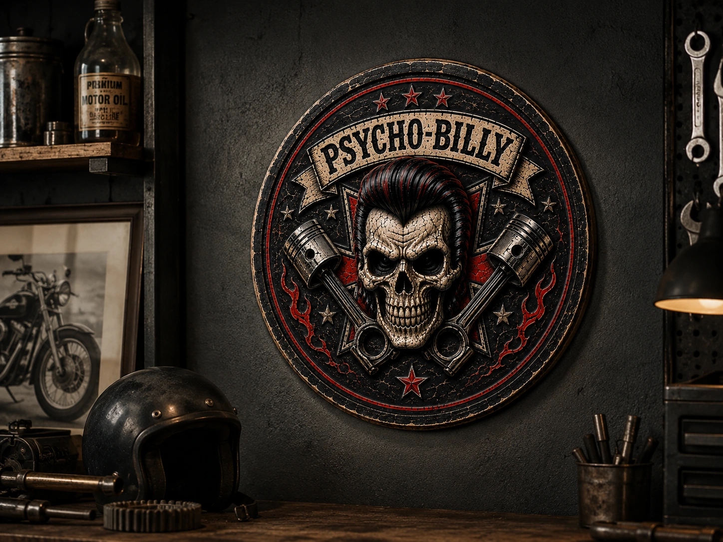 Psycho-Billy Piston Skull Garage Plaque