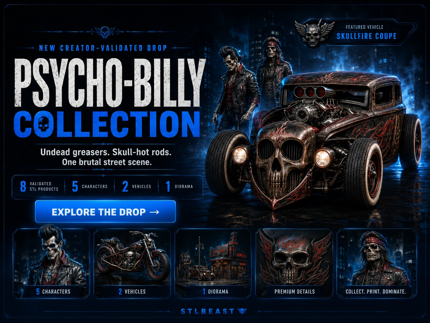 Psycho-Billy Collection featuring undead greaser characters, vehicles, and a 53-piece street diorama