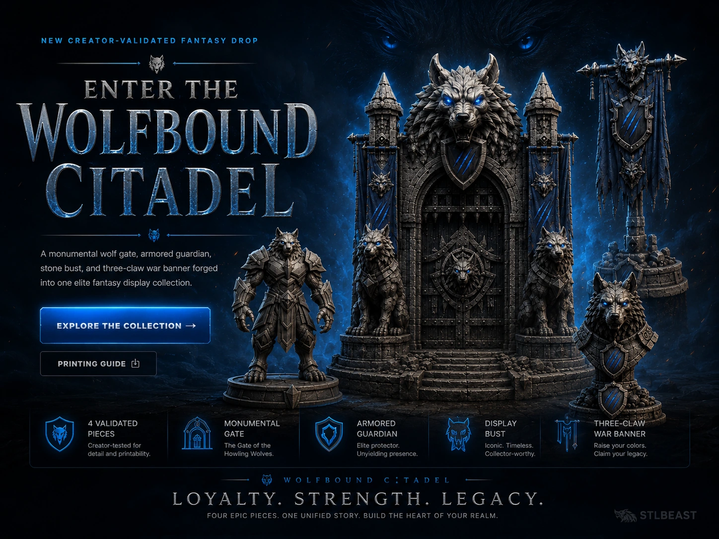 Wolfbound Citadel Collection featuring the monumental wolf gate, Ironbound Wolf Knight, Stone Wolf bust, and Three Claws war banner